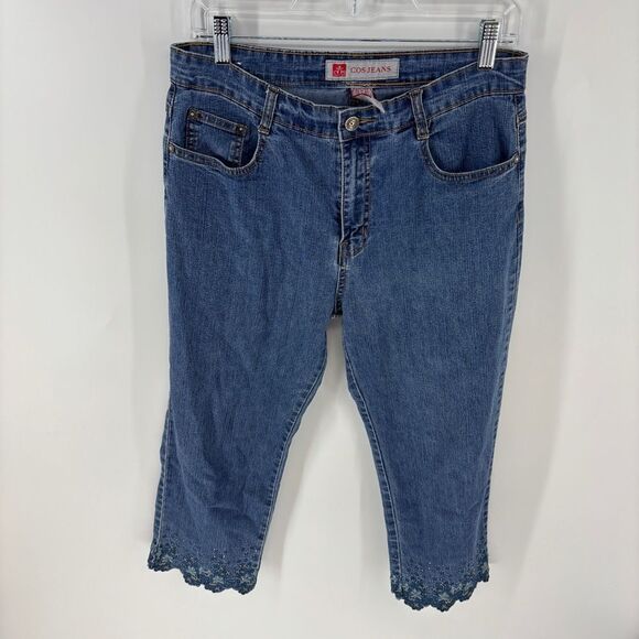 cos brand Denim - Vintage Denim Capri Women's Jeans with Lace and beaded Hem